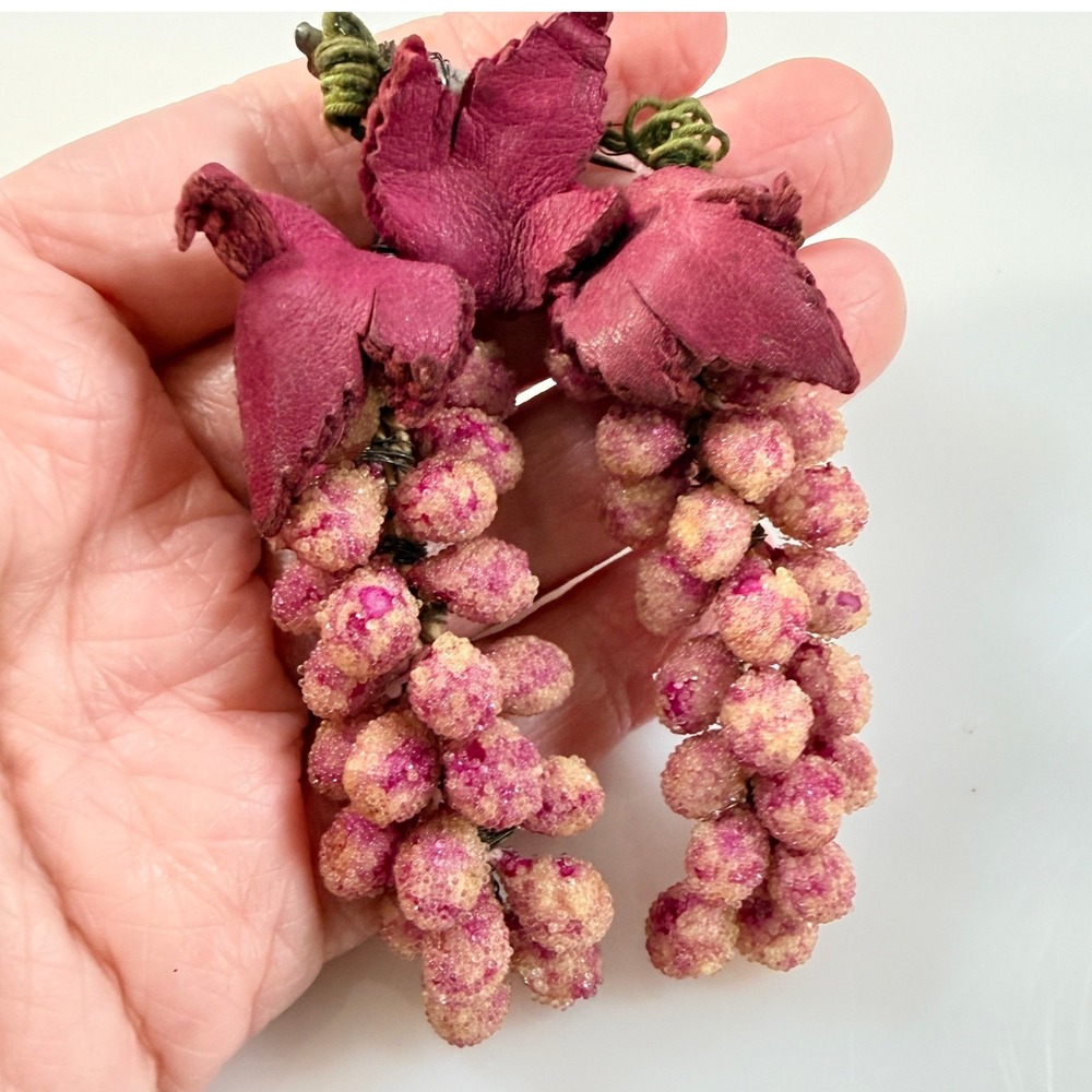 Vintage Handmade Grape Brooch Sugared Bead Leather Leaves Fruit Cluster 4"
